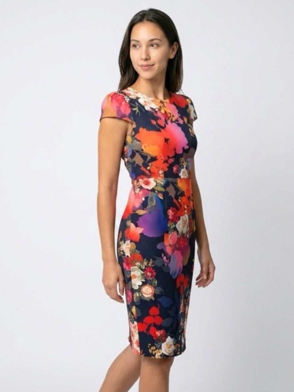 Betsey Johnson Navy Floral Midi Dress with Red and Pink Blooms